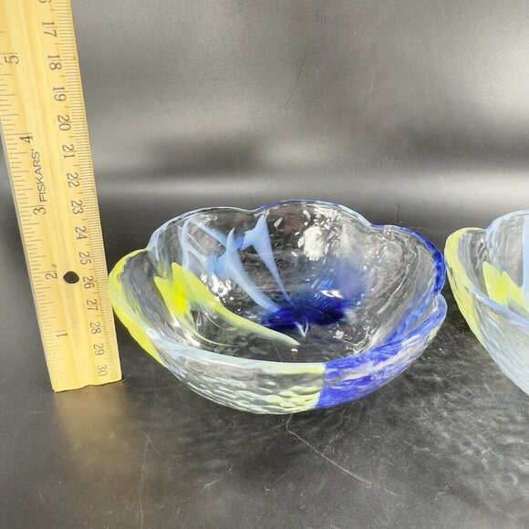 Vintage Aderia Glass Bowl Set 2 Made In Japan Clear Blue Yellow Swirls Ruffled - Picture 4 of 16